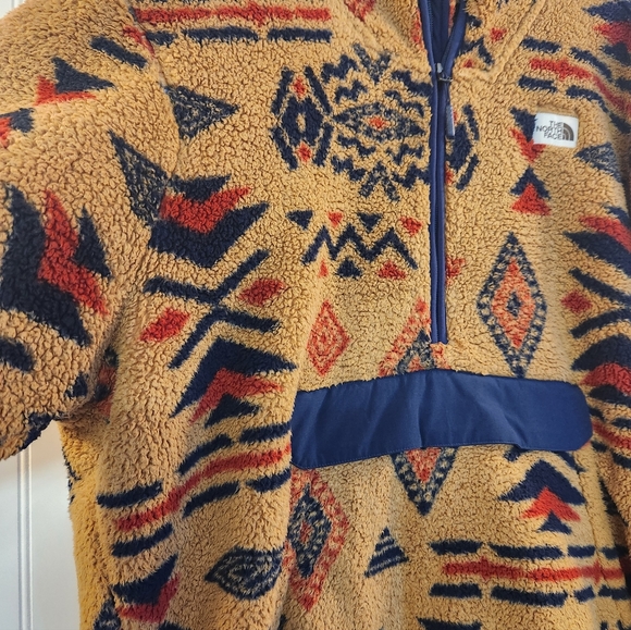 Vintage North Face Men Tan Aztec Geometric Sherpa 1/2 Zip Hoodie Size XL Plush - Picture 3 of 16